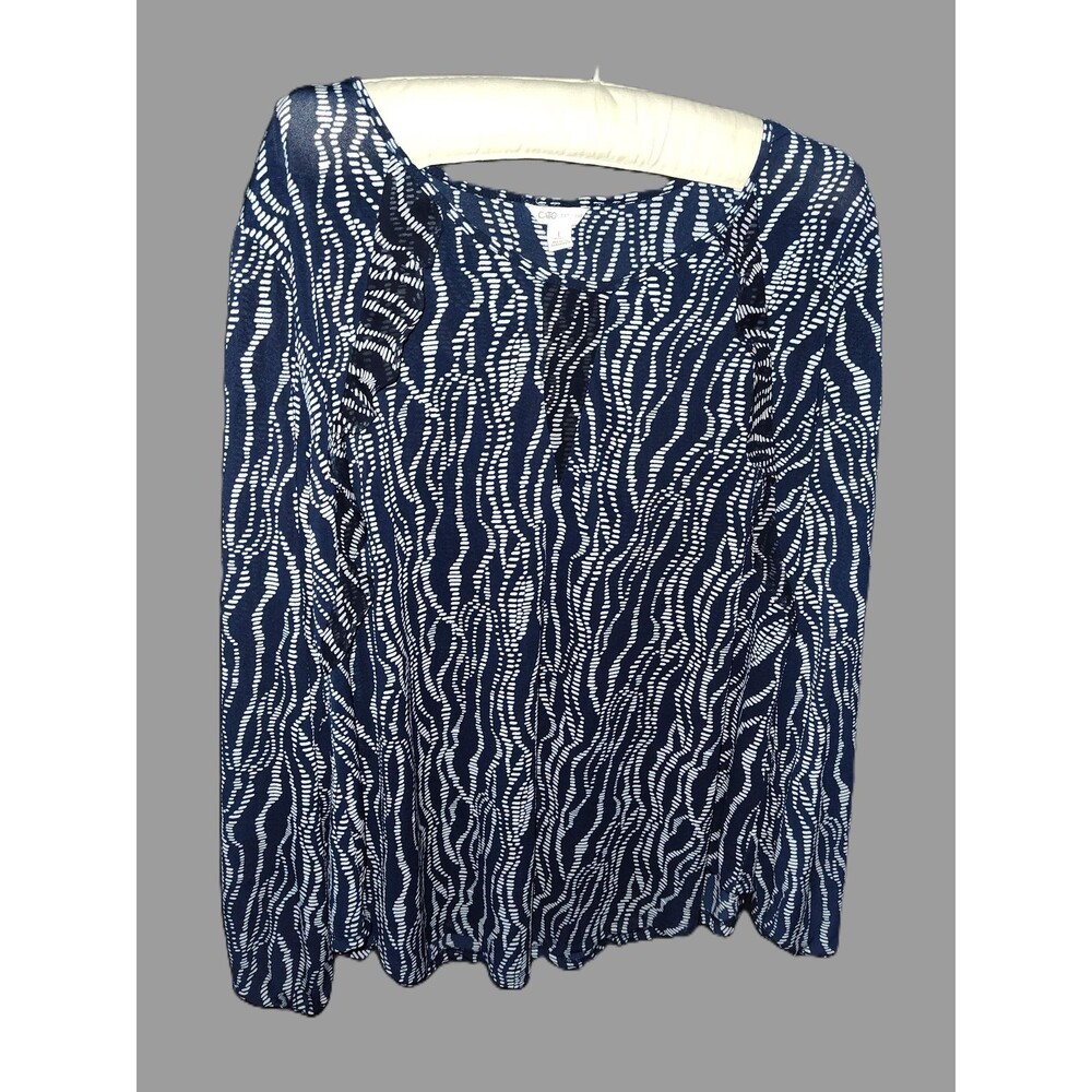 Cato Printed Ruffle Navy White Long Sleeve Blouse - Large